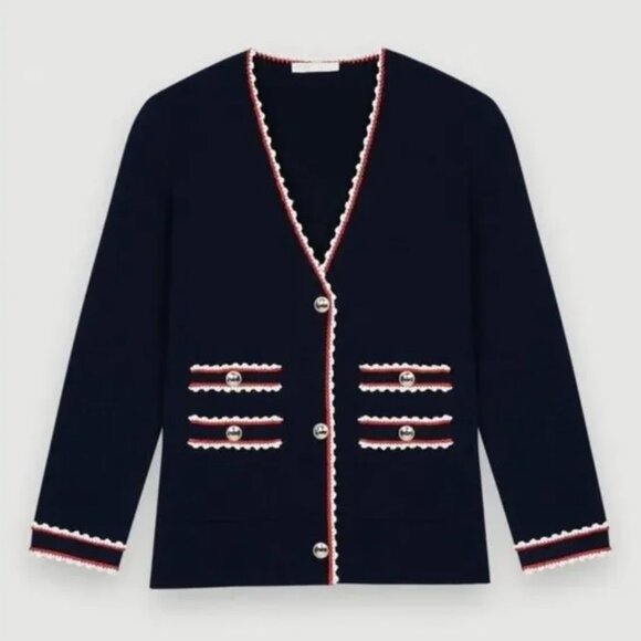 NWOT Maje Moulinette Contrast Trim Knit Blazer Cardigan Sweater Marine Blue XS - Picture 1 of 11